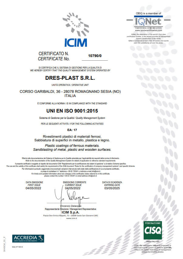 Certificazione ISO 9001:2015 ottenuta da Dres-Plast