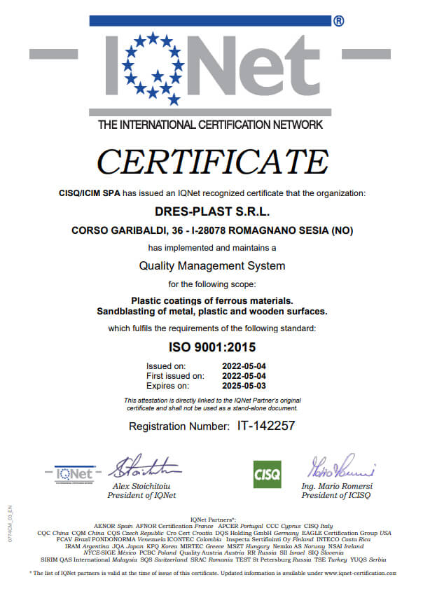 Certificazione ISO 9001:2015 ottenuta da Dres-Plast