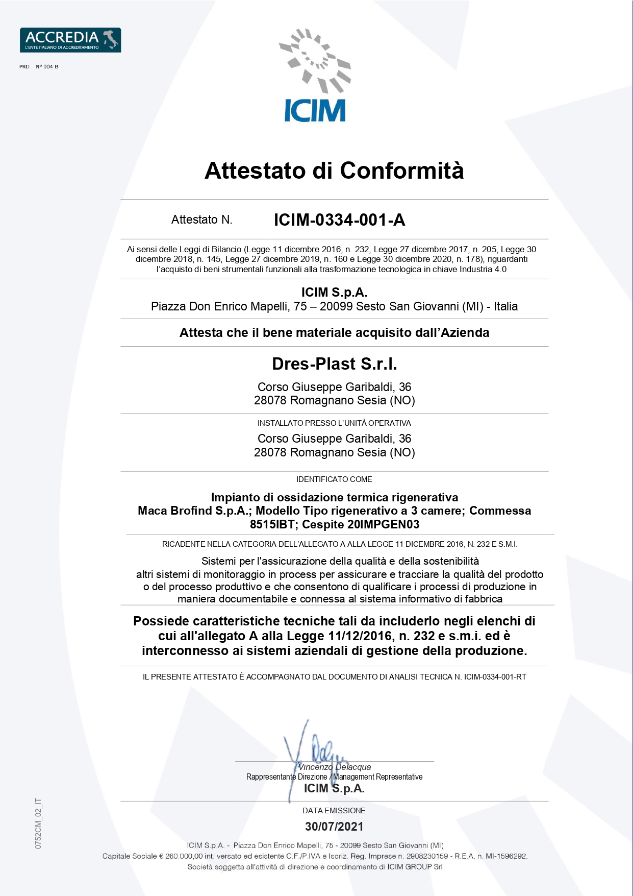 Certificazione ICIM 0344 001 ottenuta da Dres-Plast